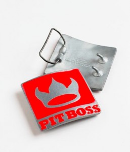 Custom belt buckle with a double hook feature and custom backstamp, made for the PitBoss BBQ Kit.